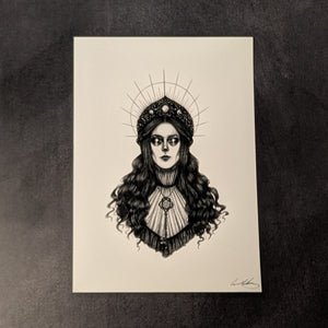 Black drawing on white paper of the Greek Goddess Hecate  from the chest up Her hair is long & wavy & topped with an ornate jeweled crown inlaid with large moonstones & a halo shining behind her head. She sports a key necklace around her neck and a high neck blouse. Available at Coyote Supply Co, a zero waste witch store in Midtown Reno, Nevada that is BIPOC owned