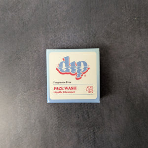 A small blue and white box that reads Dip Fragrance Free Face Wash Gentle Cleanser. Sold at Coyote Supply Co a BIPOC and LGBTQIA+ owned zero waste witch store in Reno Nevada