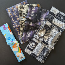 Load image into Gallery viewer, Reusable cotton cutlery rolls with various witchy patterns. Sold at Coyote Supply Co a BIPOC and LGBTQIA+ owned zero waste witch store in Reno Nevada