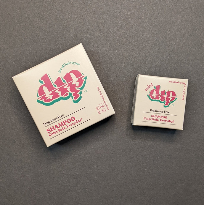 Dip Fragrance Free Shampoo in a beige box in regular 4oz and .75oz travel sizes. Sold at Coyote Supply Co a BIPOC and LGBTQIA+ owned zero waste witch store in Reno Nevada